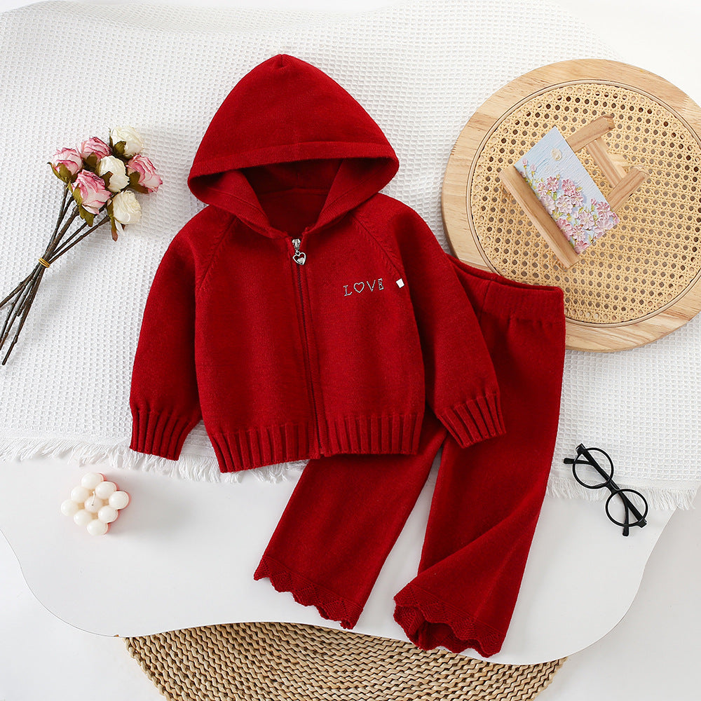 Chic Hooded Zipper Knit Cardigan Sweater Set for Girls