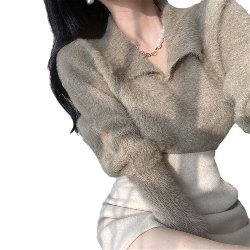 Women's Solid Color Faux Mink V-Neck Polo Collar Short Knit Sweater