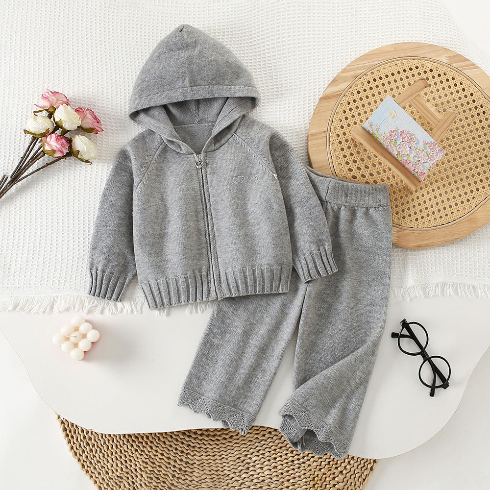 Chic Hooded Zipper Knit Cardigan Sweater Set for Girls