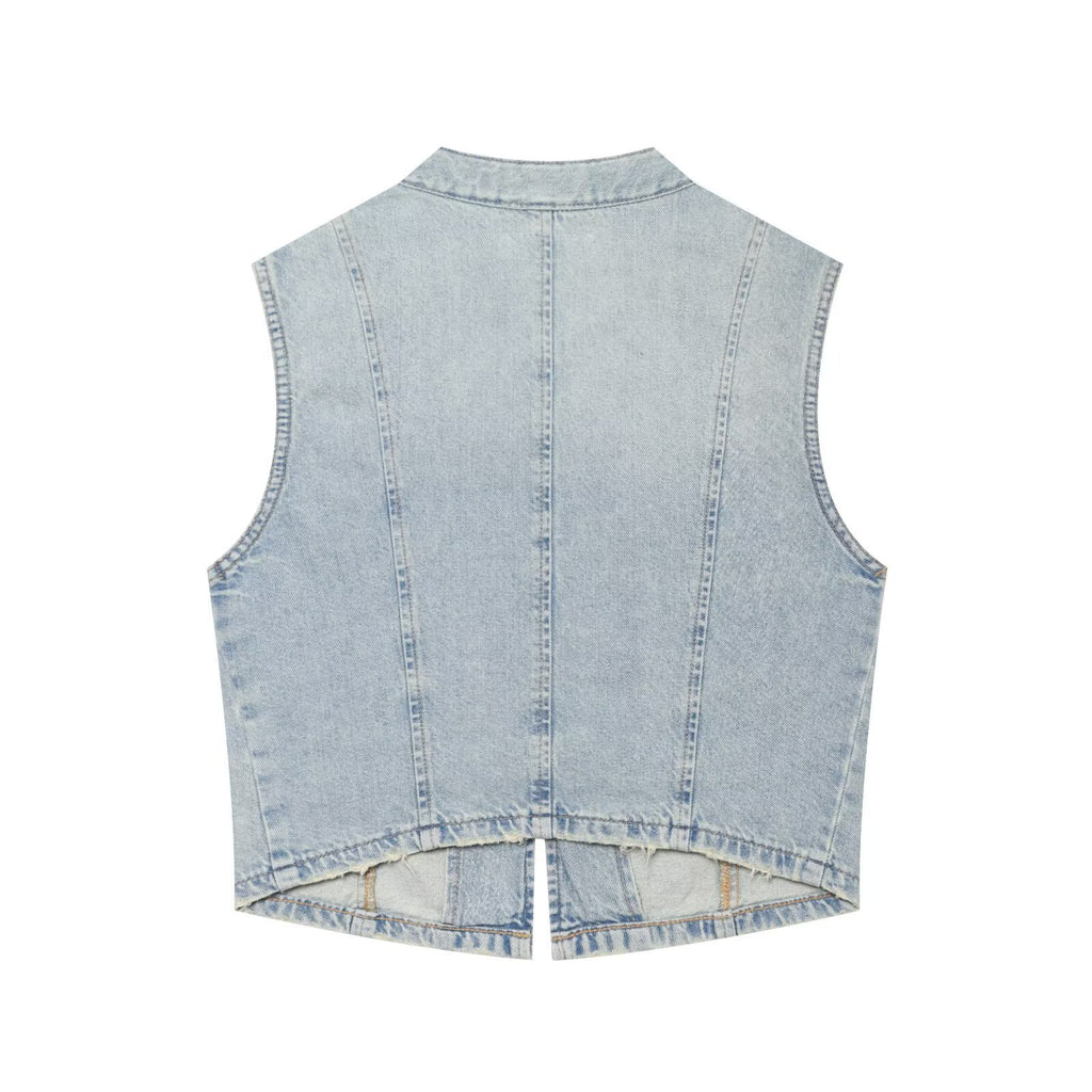Knot button up stand up collar denim vest for women in vest