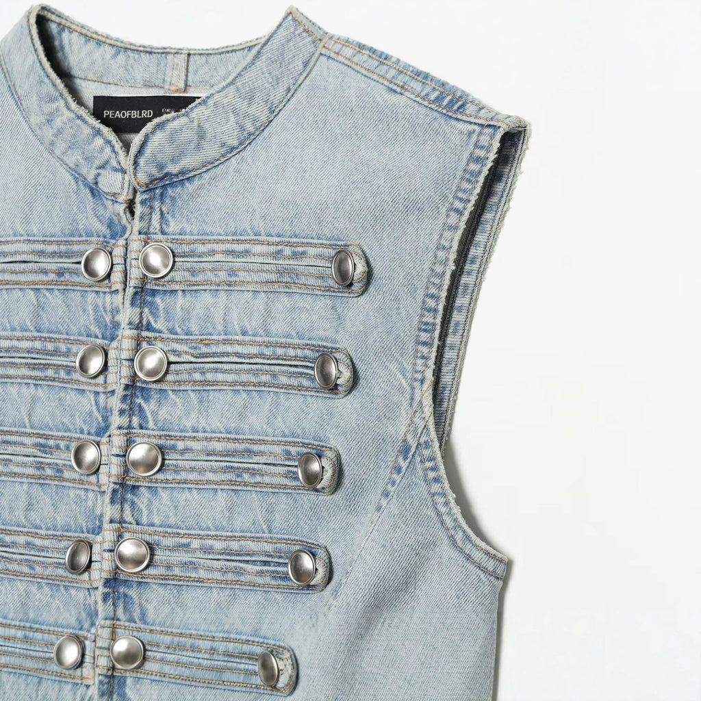 Knot button up stand up collar denim vest for women in vest
