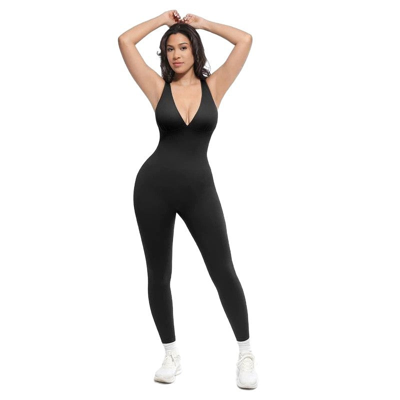 Solid color fitness sleeveless V-neck abdominal slimming exercise yoga jumpsuit pants for women