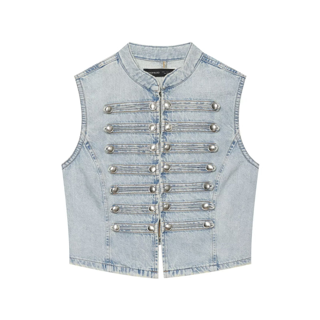 Knot button up stand up collar denim vest for women in vest