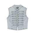 Knot button up stand up collar denim vest for women in vest