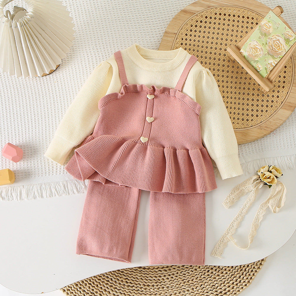 Girls' Fashionable Knit Faux Two-Piece Straight Skirt Set