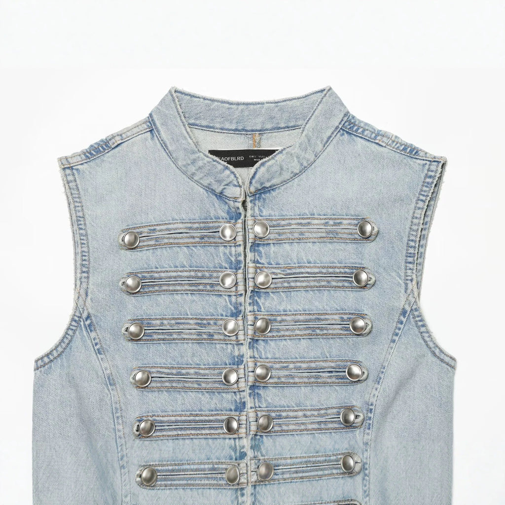 Knot button up stand up collar denim vest for women in vest