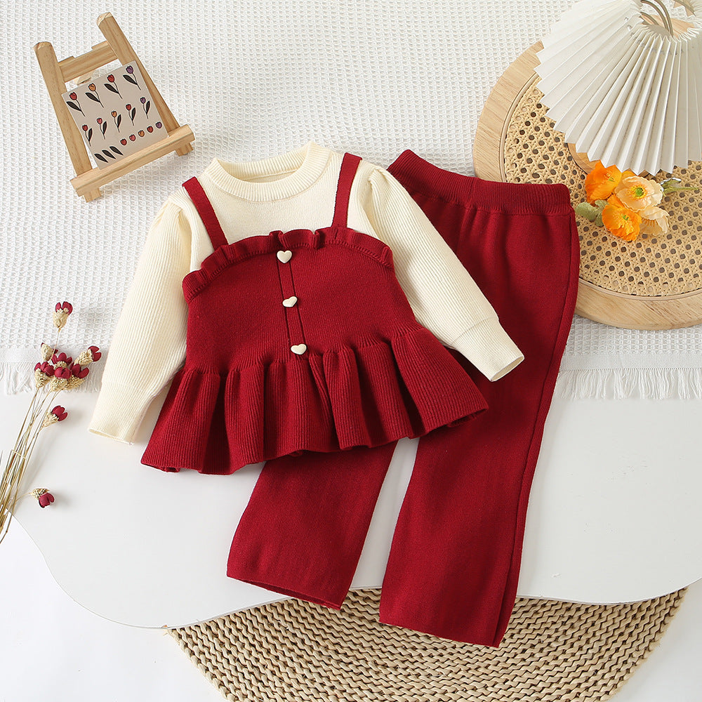Girls' Fashionable Knit Faux Two-Piece Straight Skirt Set