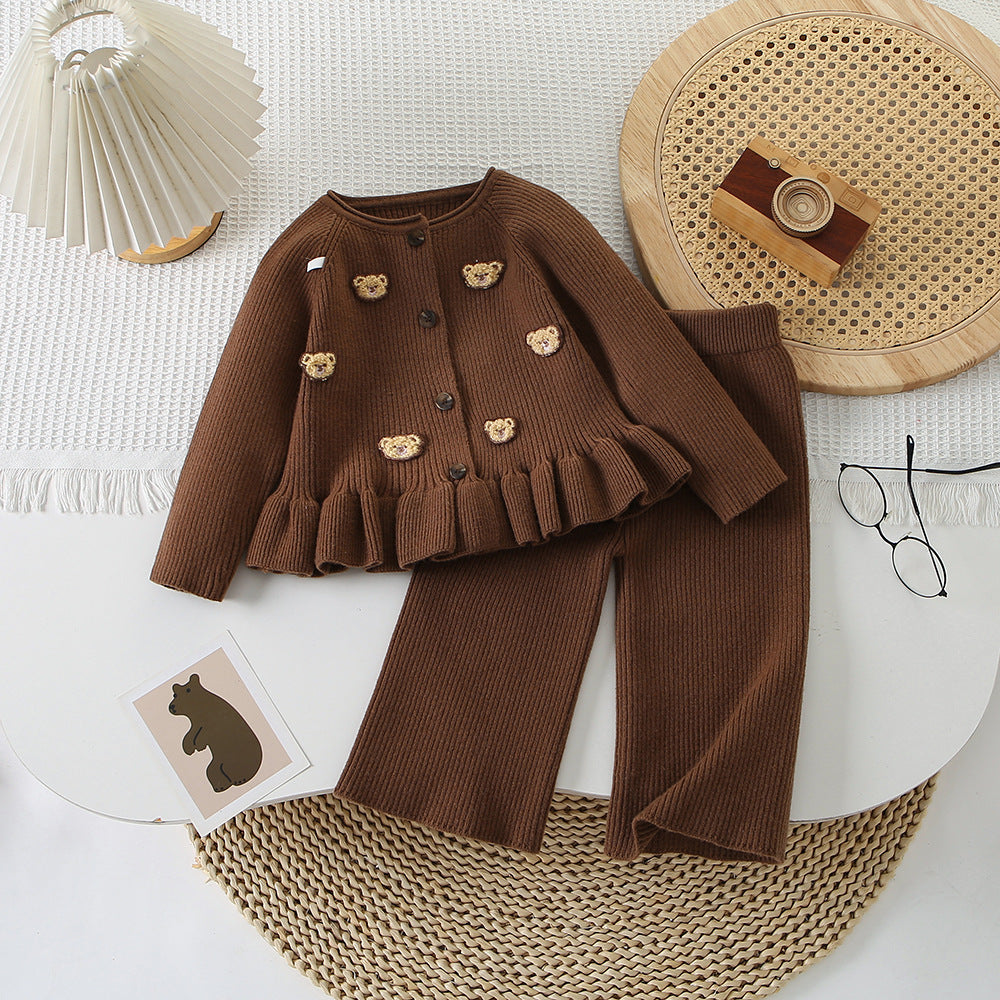Sweet Bear Print Long Sleeve Sweater Cardigan and Casual Pants Set for Girls