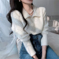 Women's Solid Color Faux Mink V-Neck Polo Collar Short Knit Sweater