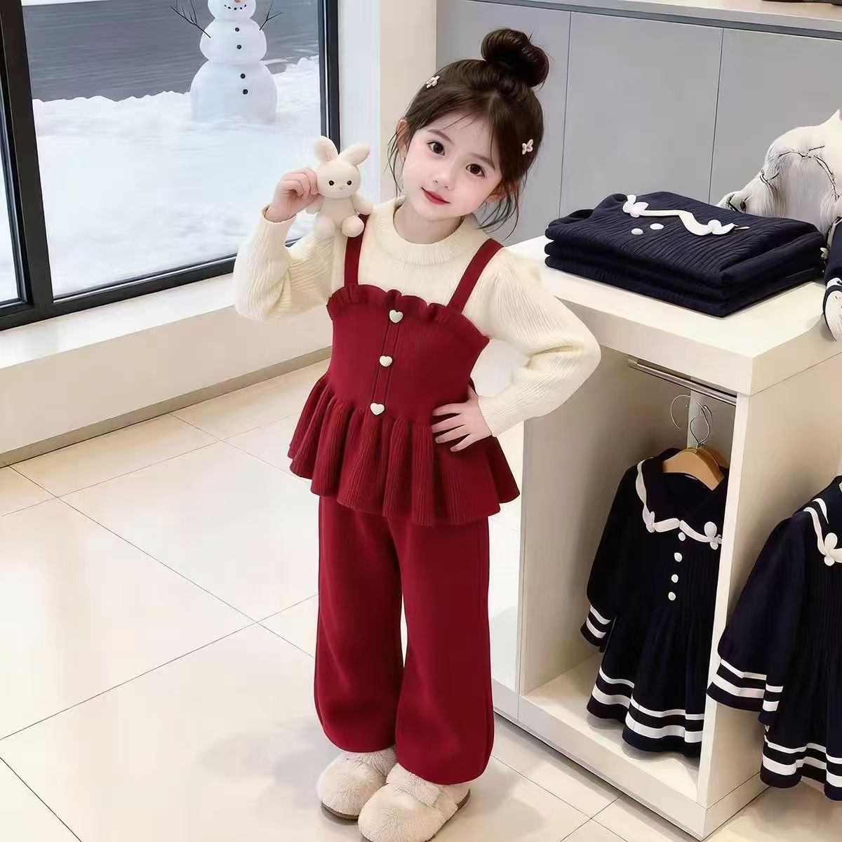 Girls' Fashionable Knit Faux Two-Piece Straight Skirt Set