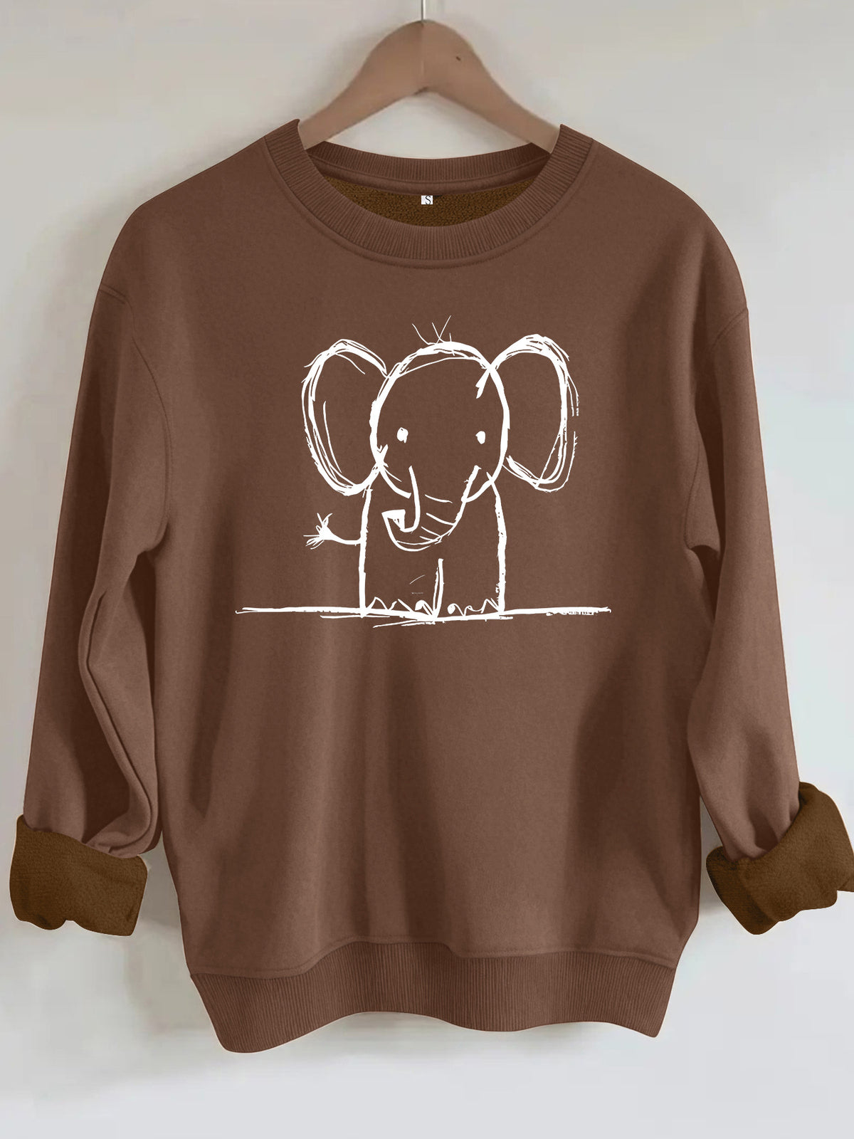 Elephant print round neck fleece hoodie