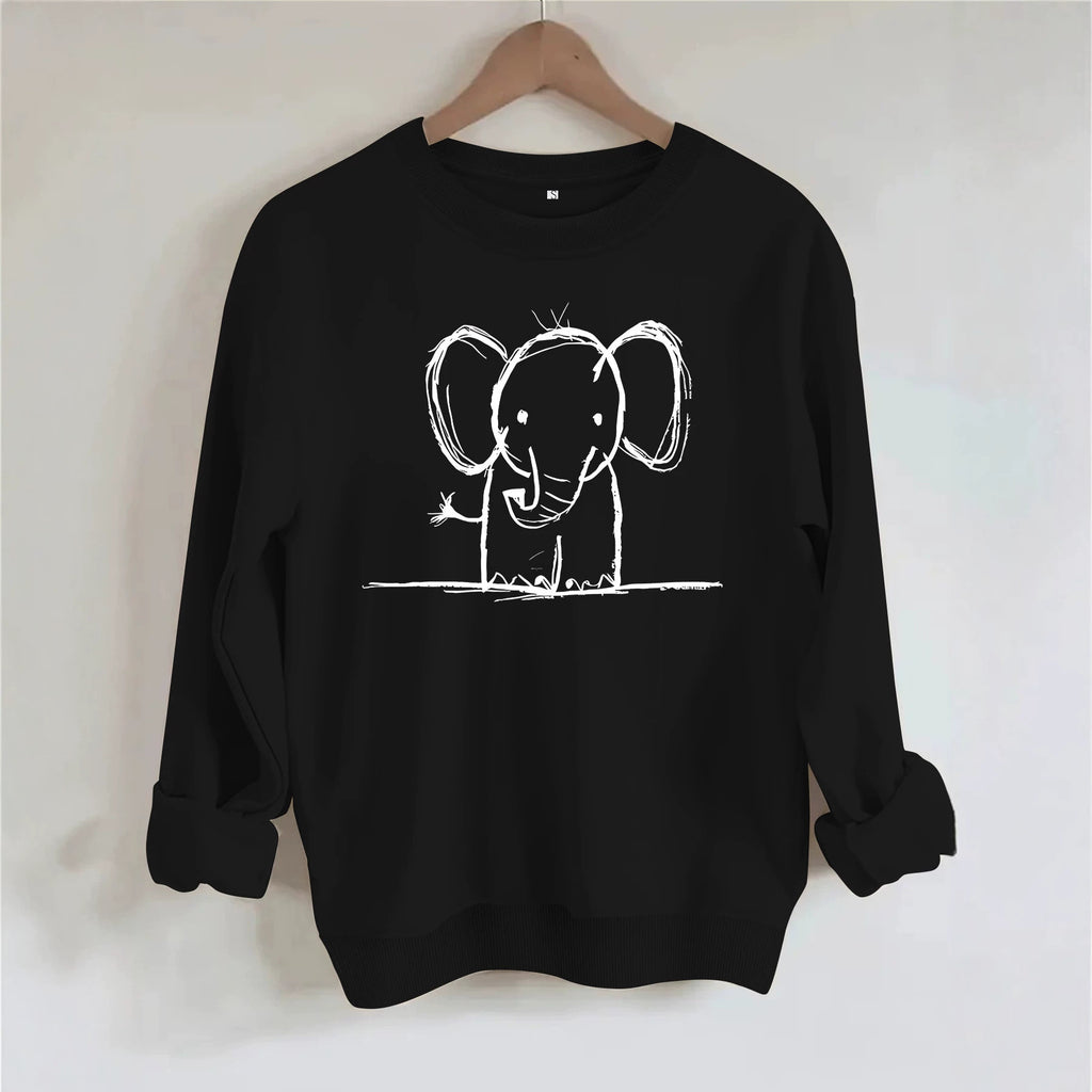 Elephant print round neck fleece hoodie