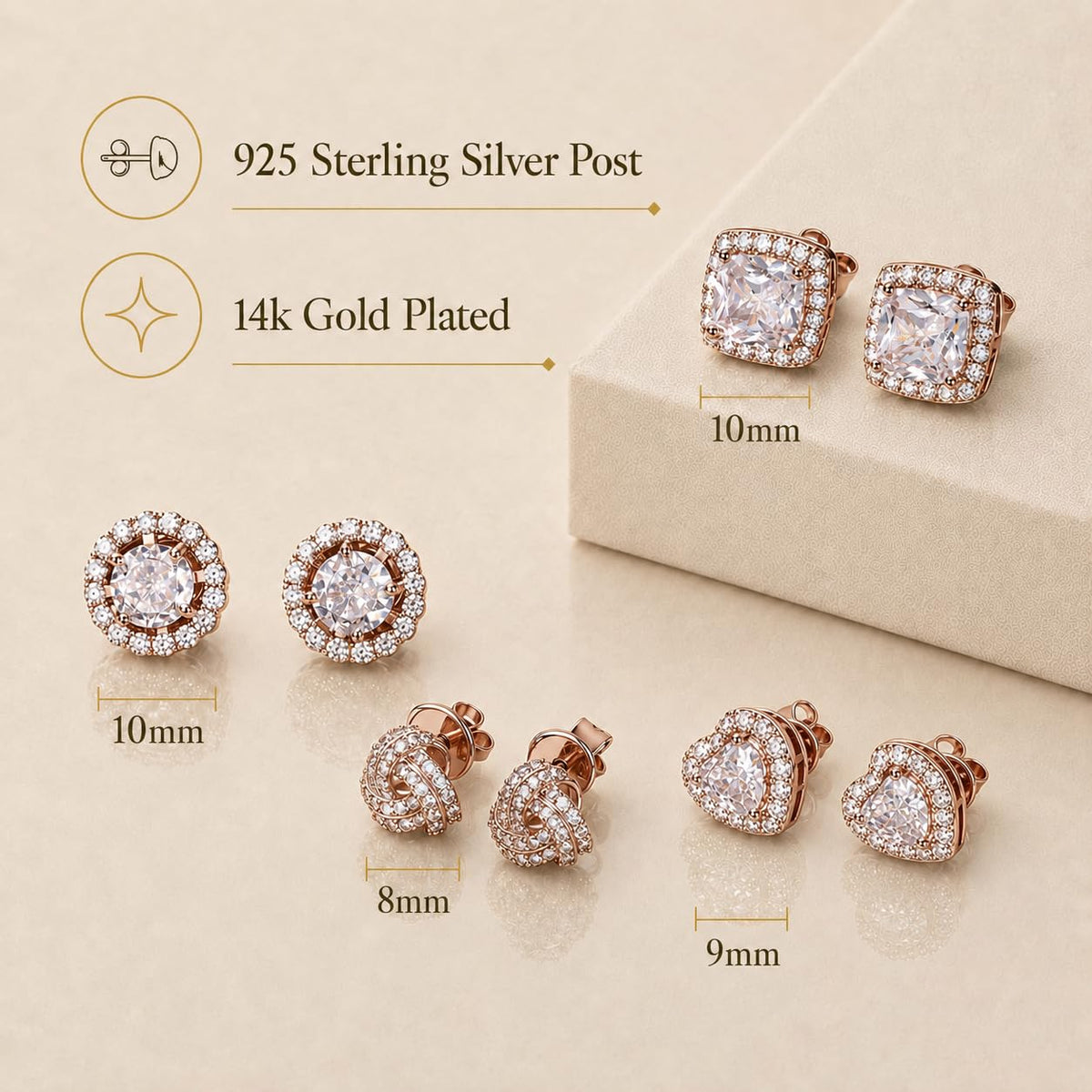 ZELORES 4 Pairs Sterling Silver 5A CZ Stud Earrings for Women 14K Gold Plated Brilliant Celtic Heart Big Stud Earrings Set Cubic Zirconia Earrings Studs for Sensitive Ear