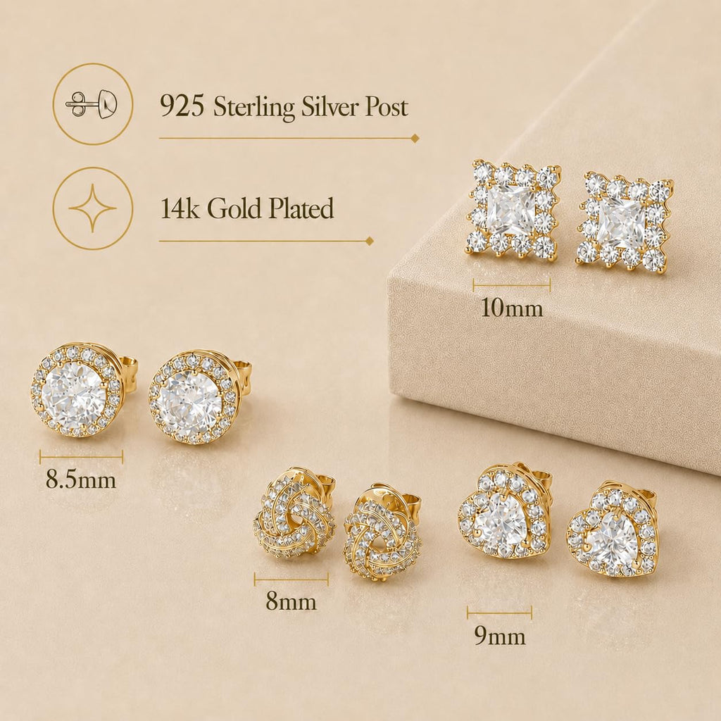 ZELORES 4 Pairs Sterling Silver 5A CZ Stud Earrings for Women 14K Gold Plated Brilliant Celtic Heart Big Stud Earrings Set Cubic Zirconia Earrings Studs for Sensitive Ear