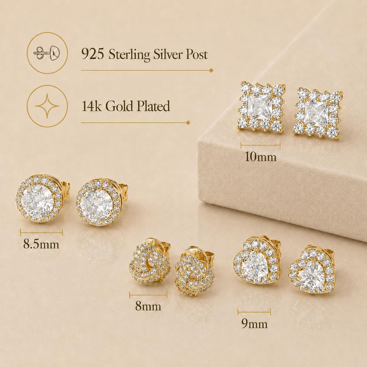ZELORES 4 Pairs Sterling Silver 5A CZ Stud Earrings for Women 14K Gold Plated Brilliant Celtic Heart Big Stud Earrings Set Cubic Zirconia Earrings Studs for Sensitive Ear