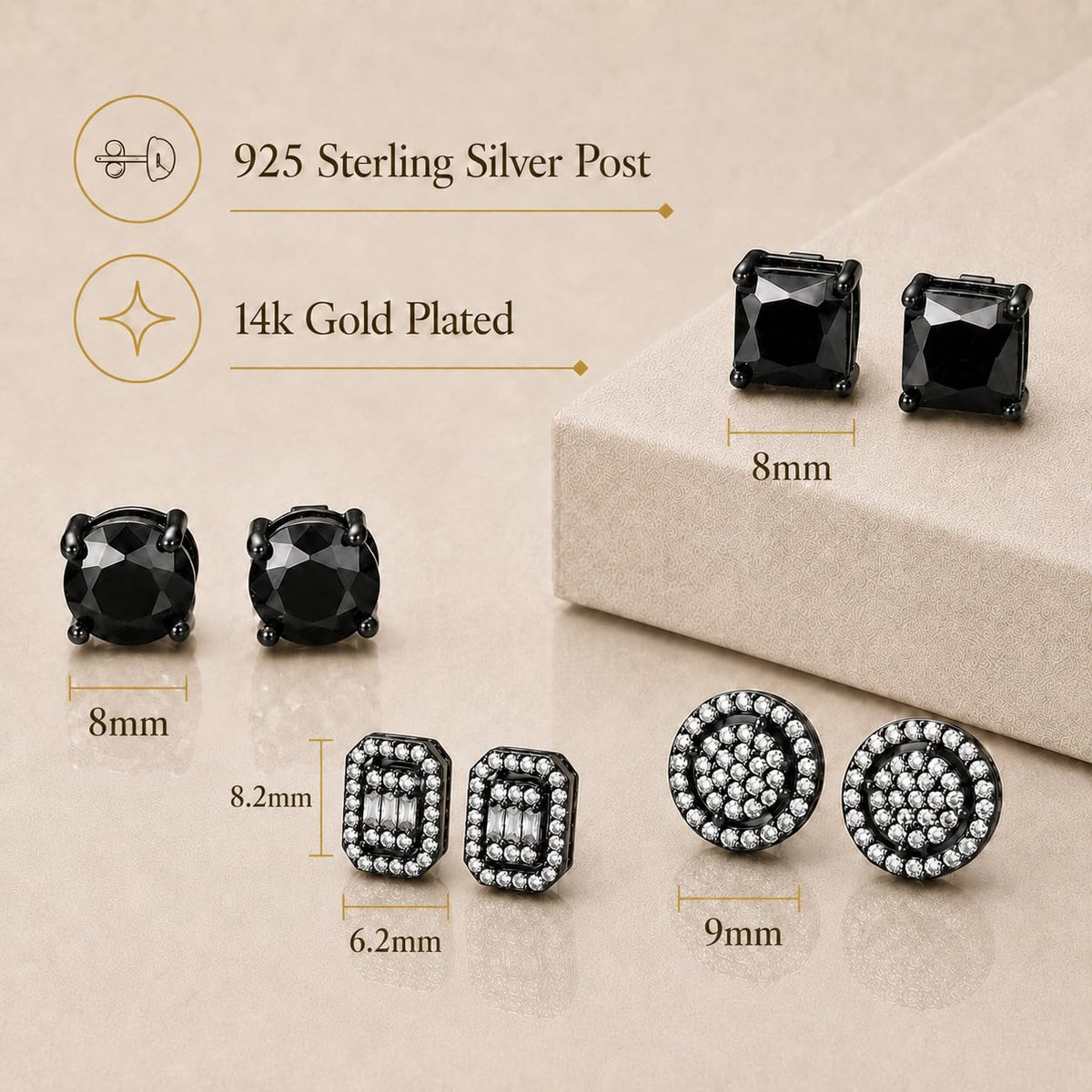ZELORES 4 Pairs Sterling Silver 5A CZ Stud Earrings for Women 14K Gold Plated Brilliant Celtic Heart Big Stud Earrings Set Cubic Zirconia Earrings Studs for Sensitive Ear