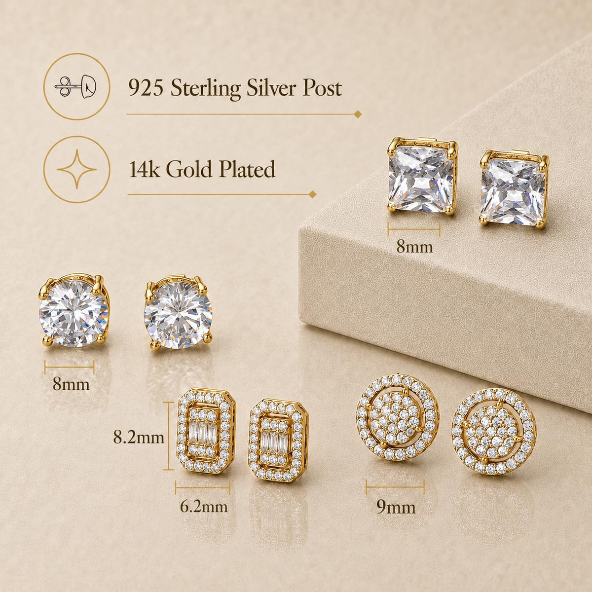 ZELORES 4 Pairs Sterling Silver 5A CZ Stud Earrings for Women 14K Gold Plated Brilliant Celtic Heart Big Stud Earrings Set Cubic Zirconia Earrings Studs for Sensitive Ear
