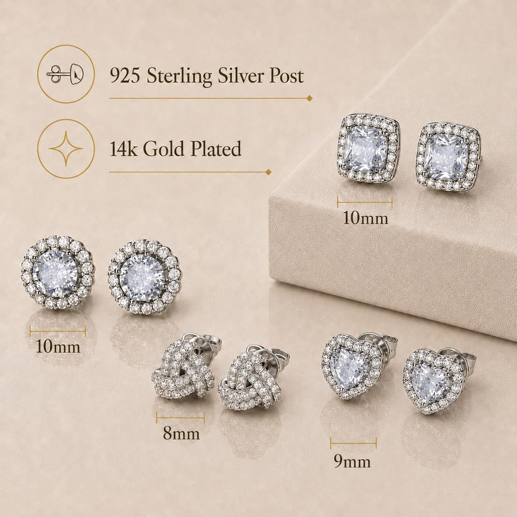 ZELORES 4 Pairs Sterling Silver 5A CZ Stud Earrings for Women 14K Gold Plated Brilliant Celtic Heart Big Stud Earrings Set Cubic Zirconia Earrings Studs for Sensitive Ear