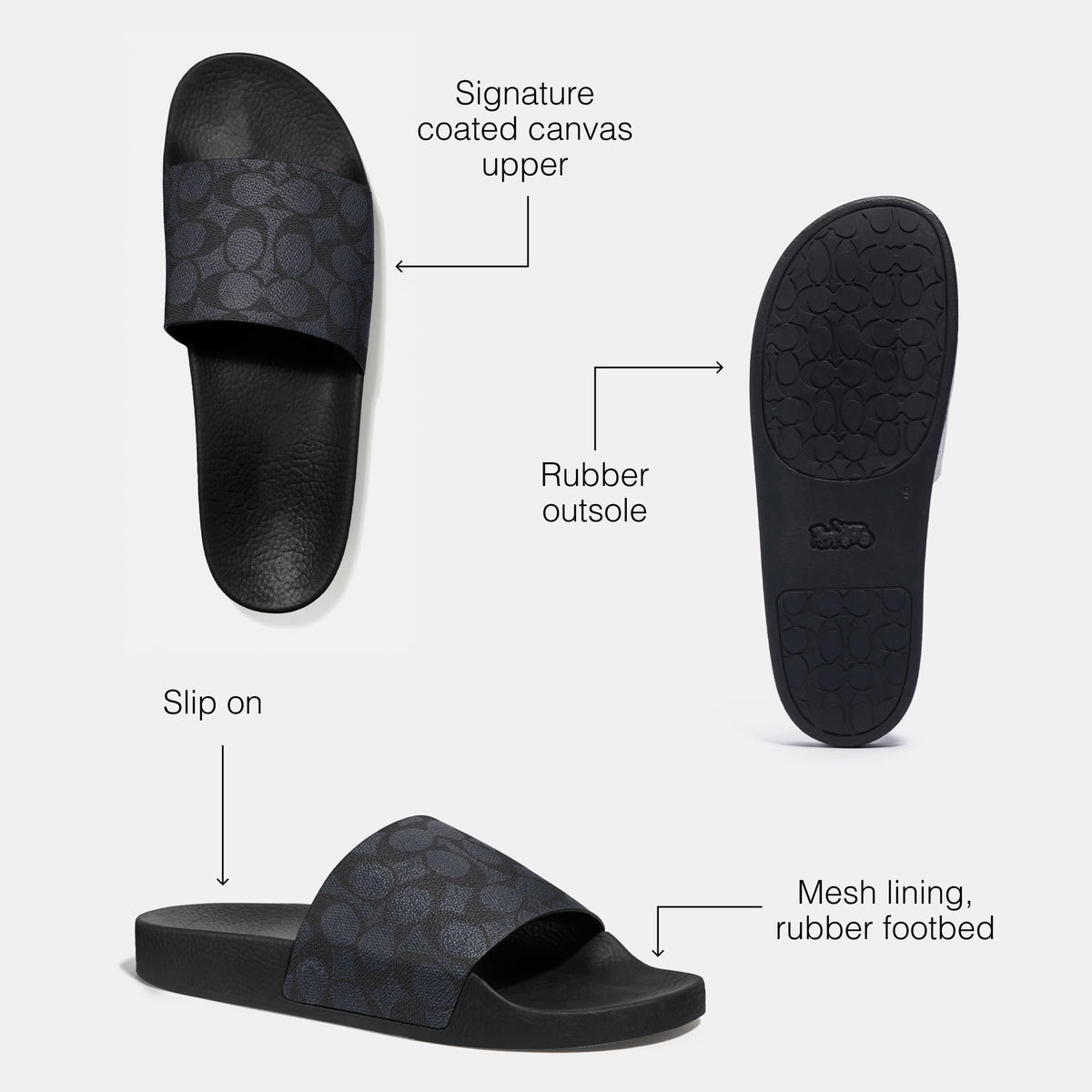 COACH Men's Coated Canvas Pool Slide Sandal, Charcoal Signature, 11COACH Men's Coated Canvas Pool Slide Sandal, Charcoal Signature, 11
