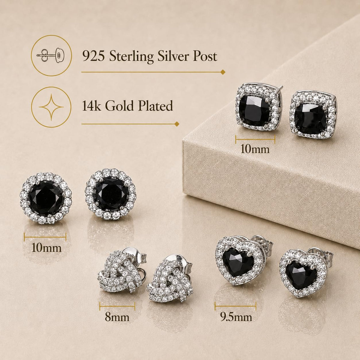 ZELORES 4 Pairs Sterling Silver 5A CZ Stud Earrings for Women 14K Gold Plated Brilliant Celtic Heart Big Stud Earrings Set Cubic Zirconia Earrings Studs for Sensitive Ear