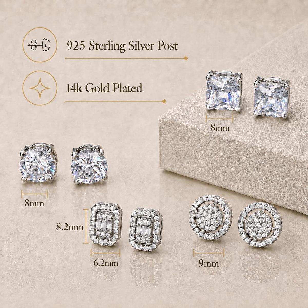 ZELORES 4 Pairs Sterling Silver 5A CZ Stud Earrings for Women 14K Gold Plated Brilliant Celtic Heart Big Stud Earrings Set Cubic Zirconia Earrings Studs for Sensitive Ear