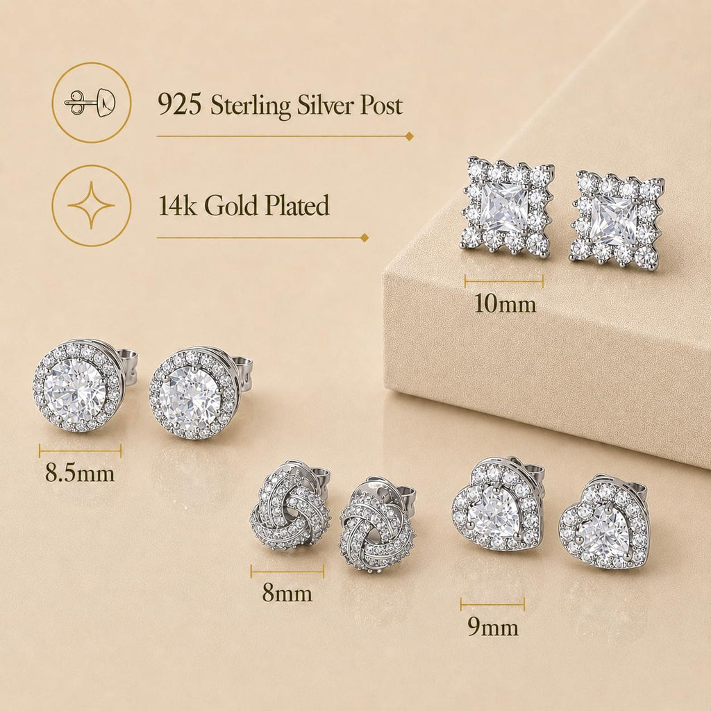 ZELORES 4 Pairs Sterling Silver 5A CZ Stud Earrings for Women 14K Gold Plated Brilliant Celtic Heart Big Stud Earrings Set Cubic Zirconia Earrings Studs for Sensitive Ear