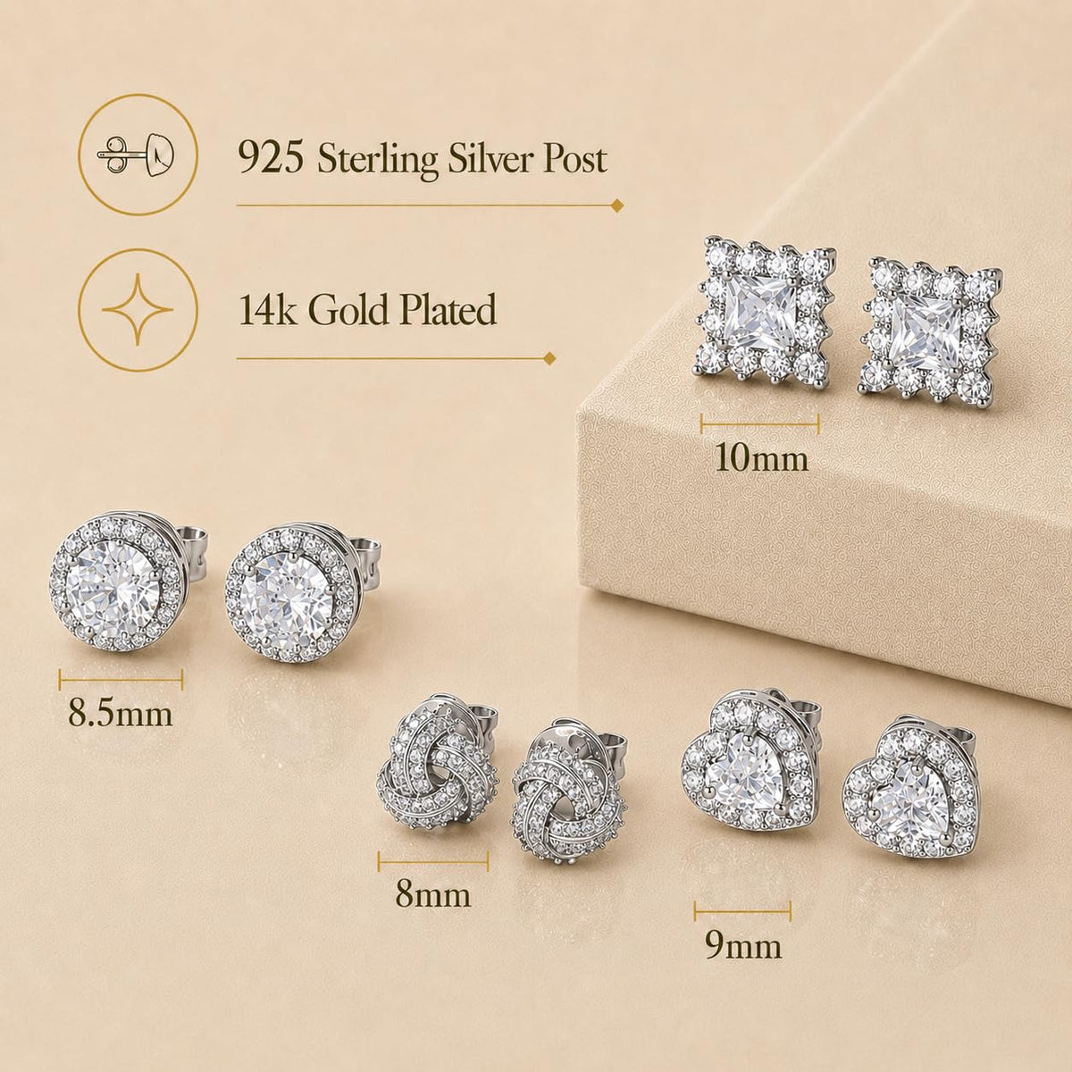 ZELORES 4 Pairs Sterling Silver 5A CZ Stud Earrings for Women 14K Gold Plated Brilliant Celtic Heart Big Stud Earrings Set Cubic Zirconia Earrings Studs for Sensitive Ear