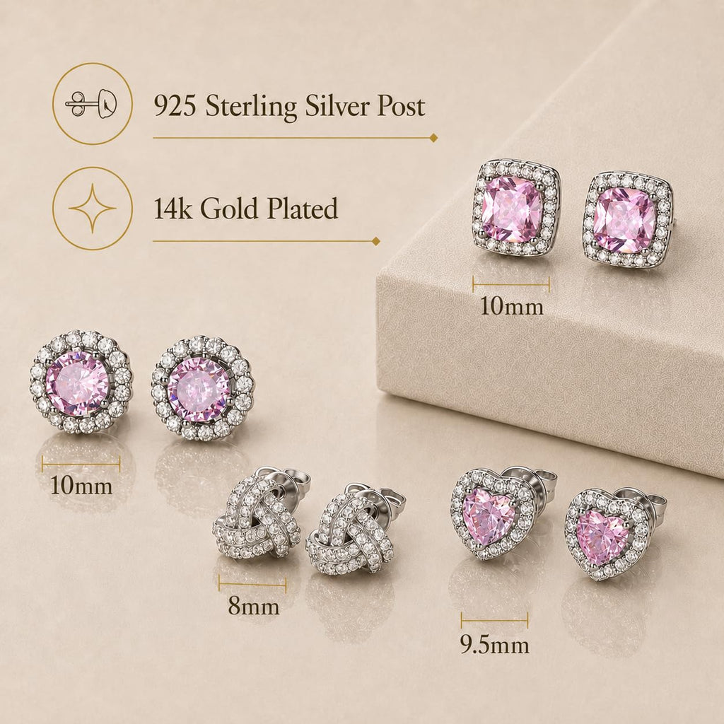 ZELORES 4 Pairs Sterling Silver 5A CZ Stud Earrings for Women 14K Gold Plated Brilliant Celtic Heart Big Stud Earrings Set Cubic Zirconia Earrings Studs for Sensitive Ear