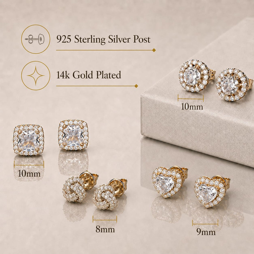 ZELORES 4 Pairs Sterling Silver 5A CZ Stud Earrings for Women 14K Gold Plated Brilliant Celtic Heart Big Stud Earrings Set Cubic Zirconia Earrings Studs for Sensitive Ear