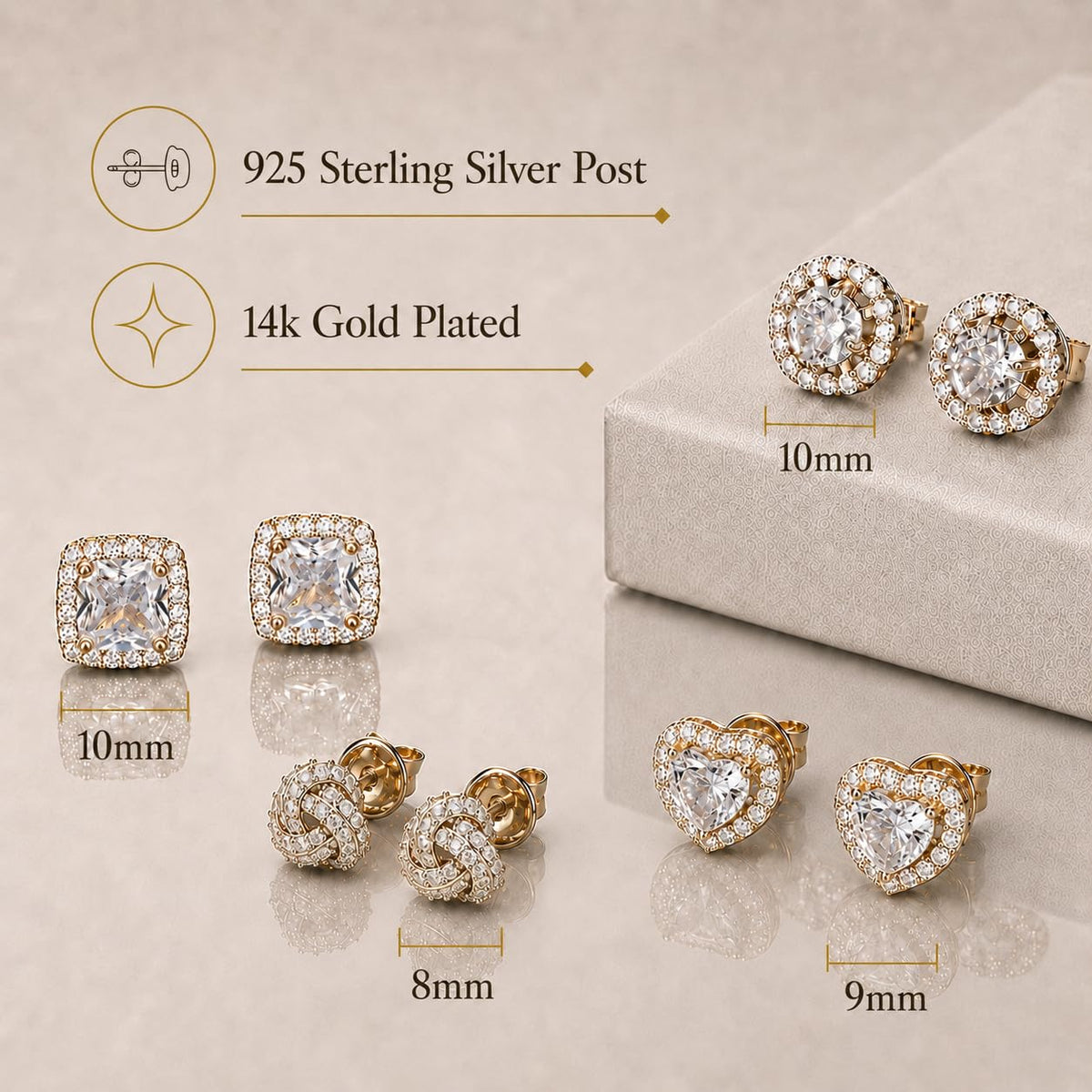 ZELORES 4 Pairs Sterling Silver 5A CZ Stud Earrings for Women 14K Gold Plated Brilliant Celtic Heart Big Stud Earrings Set Cubic Zirconia Earrings Studs for Sensitive Ear
