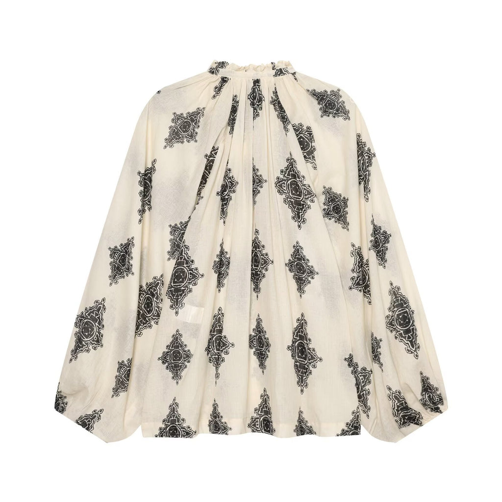 Lace up corridor shaped lantern sleeve printed shirt for women
