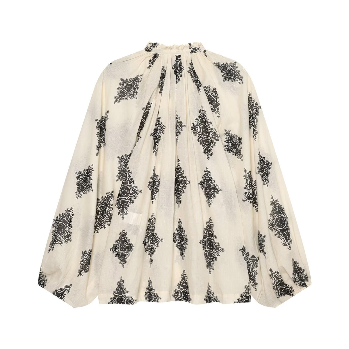Lace up corridor shaped lantern sleeve printed shirt for women