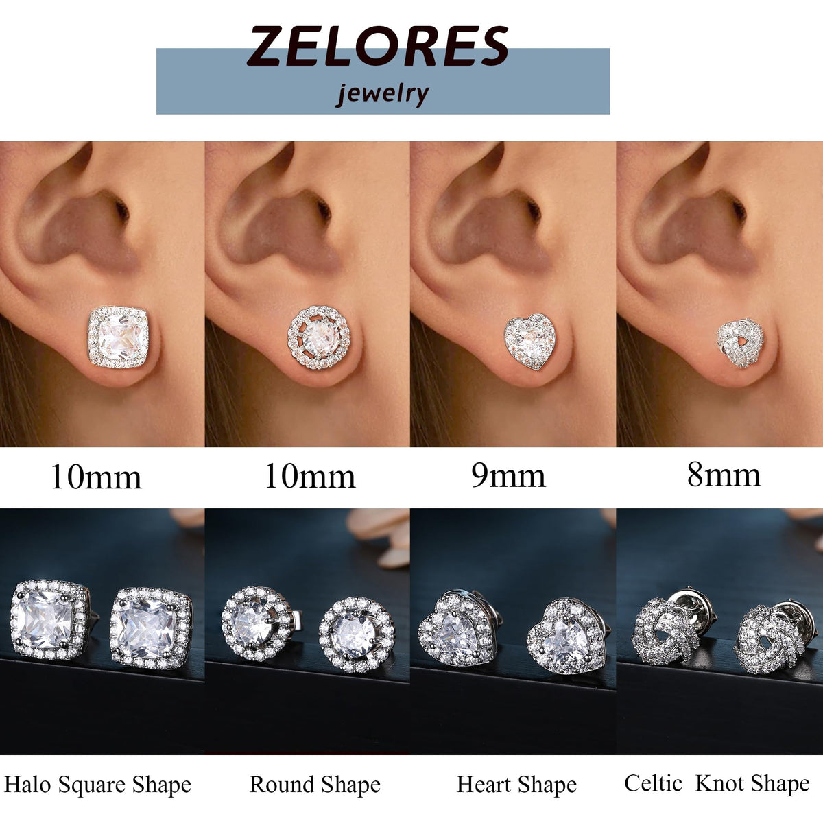 ZELORES 4 Pairs Sterling Silver 5A CZ Stud Earrings for Women 14K Gold Plated Brilliant Celtic Heart Big Stud Earrings Set Cubic Zirconia Earrings Studs for Sensitive Ear