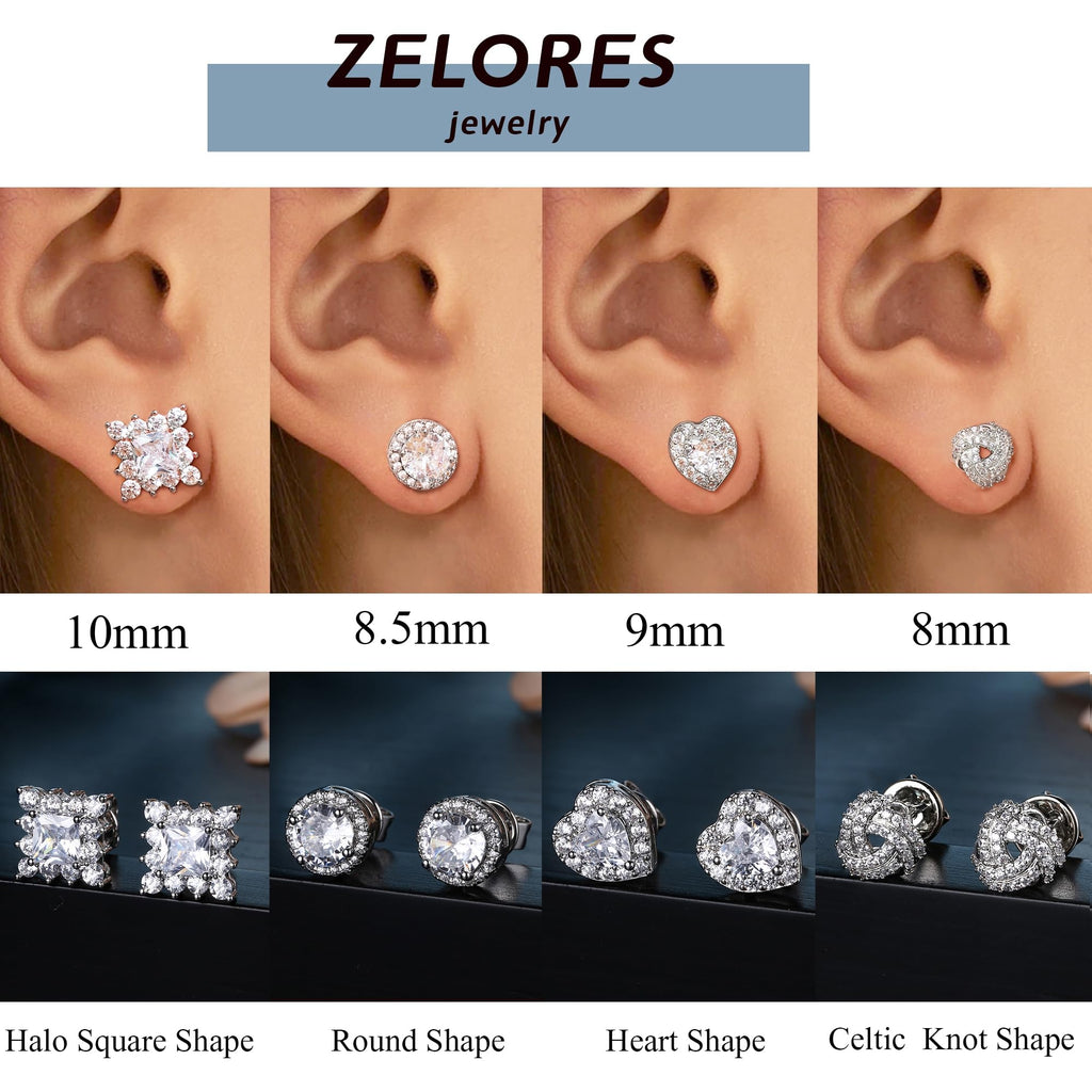 ZELORES 4 Pairs Sterling Silver 5A CZ Stud Earrings for Women 14K Gold Plated Brilliant Celtic Heart Big Stud Earrings Set Cubic Zirconia Earrings Studs for Sensitive Ear