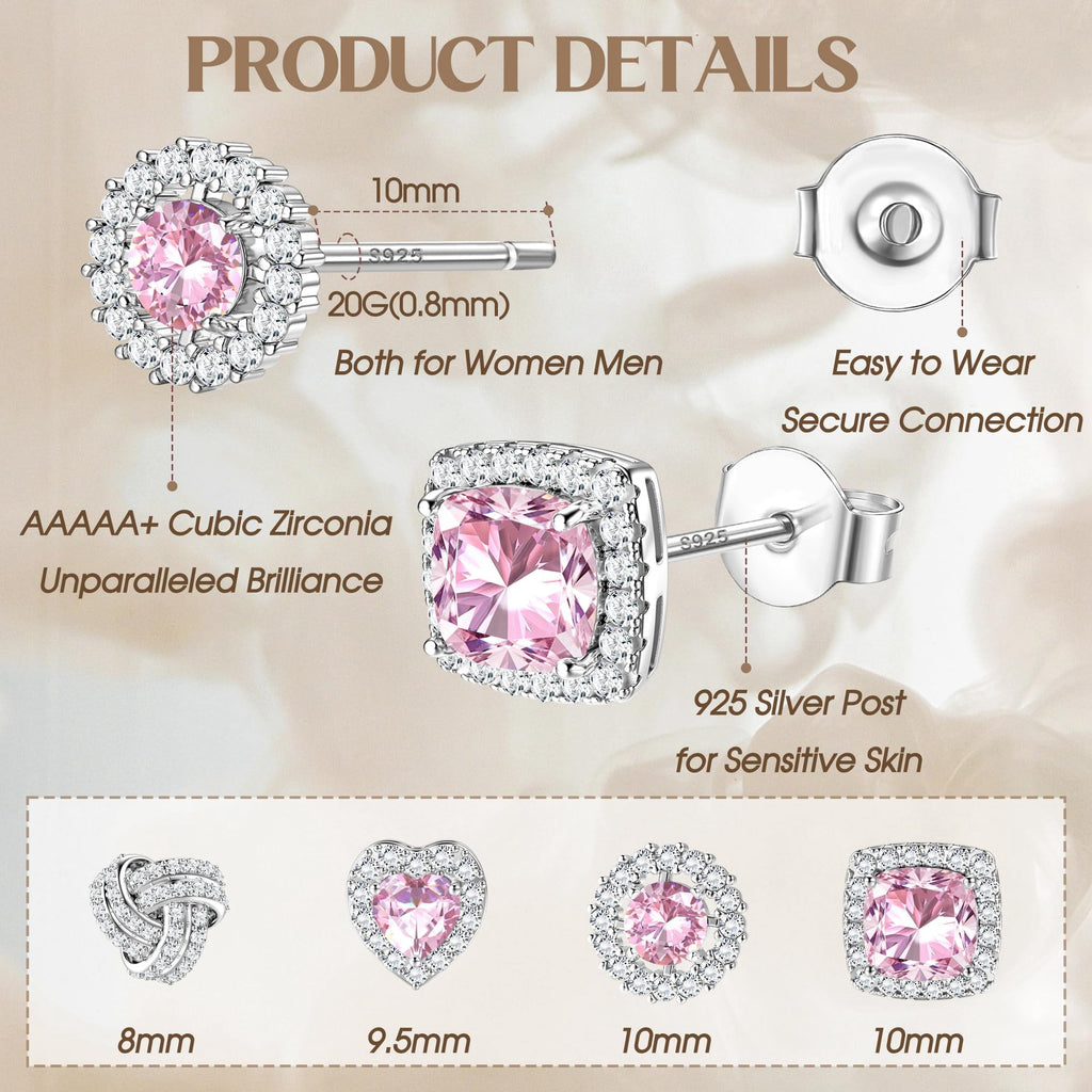 ZELORES 4 Pairs Sterling Silver 5A CZ Stud Earrings for Women 14K Gold Plated Brilliant Celtic Heart Big Stud Earrings Set Cubic Zirconia Earrings Studs for Sensitive Ear