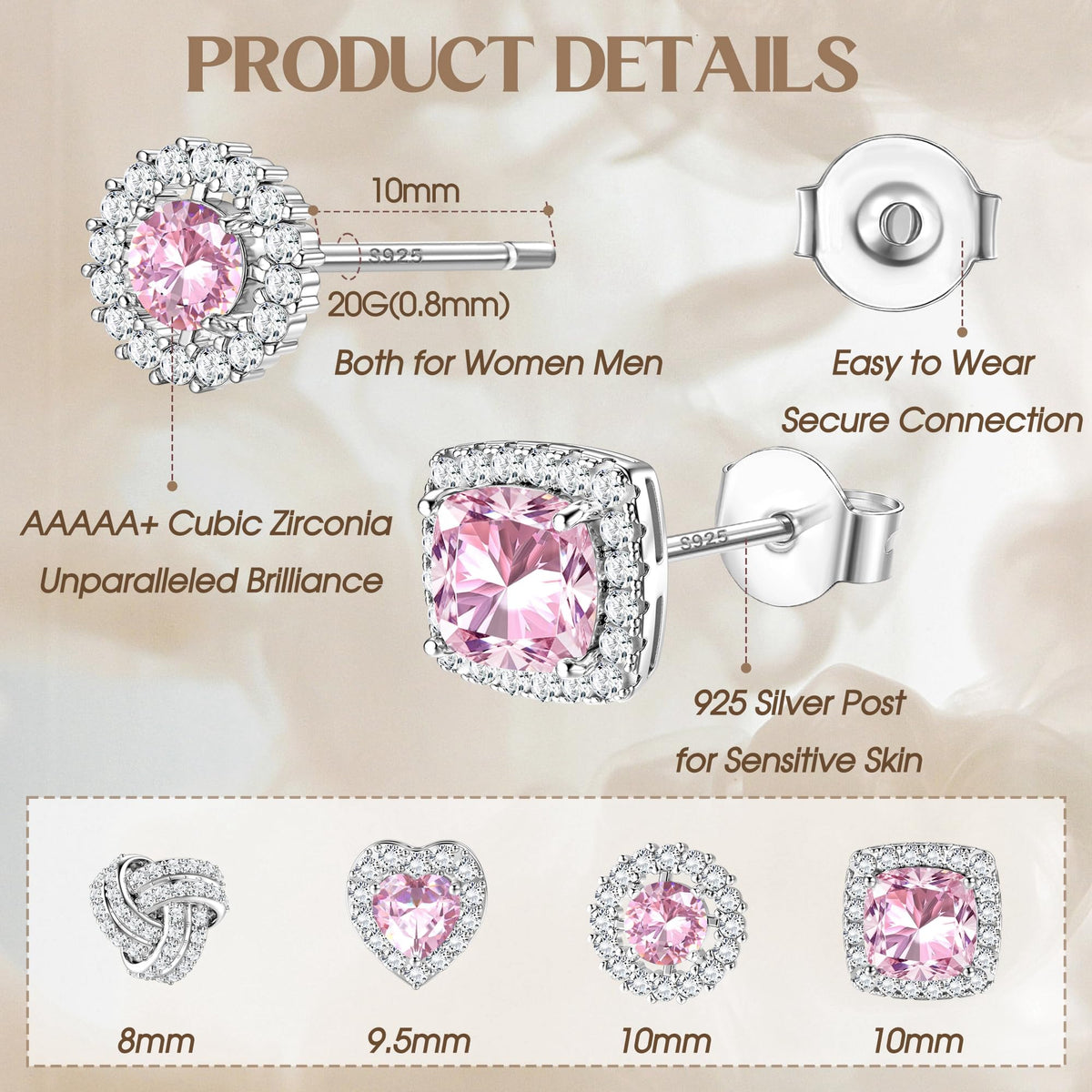 ZELORES 4 Pairs Sterling Silver 5A CZ Stud Earrings for Women 14K Gold Plated Brilliant Celtic Heart Big Stud Earrings Set Cubic Zirconia Earrings Studs for Sensitive Ear