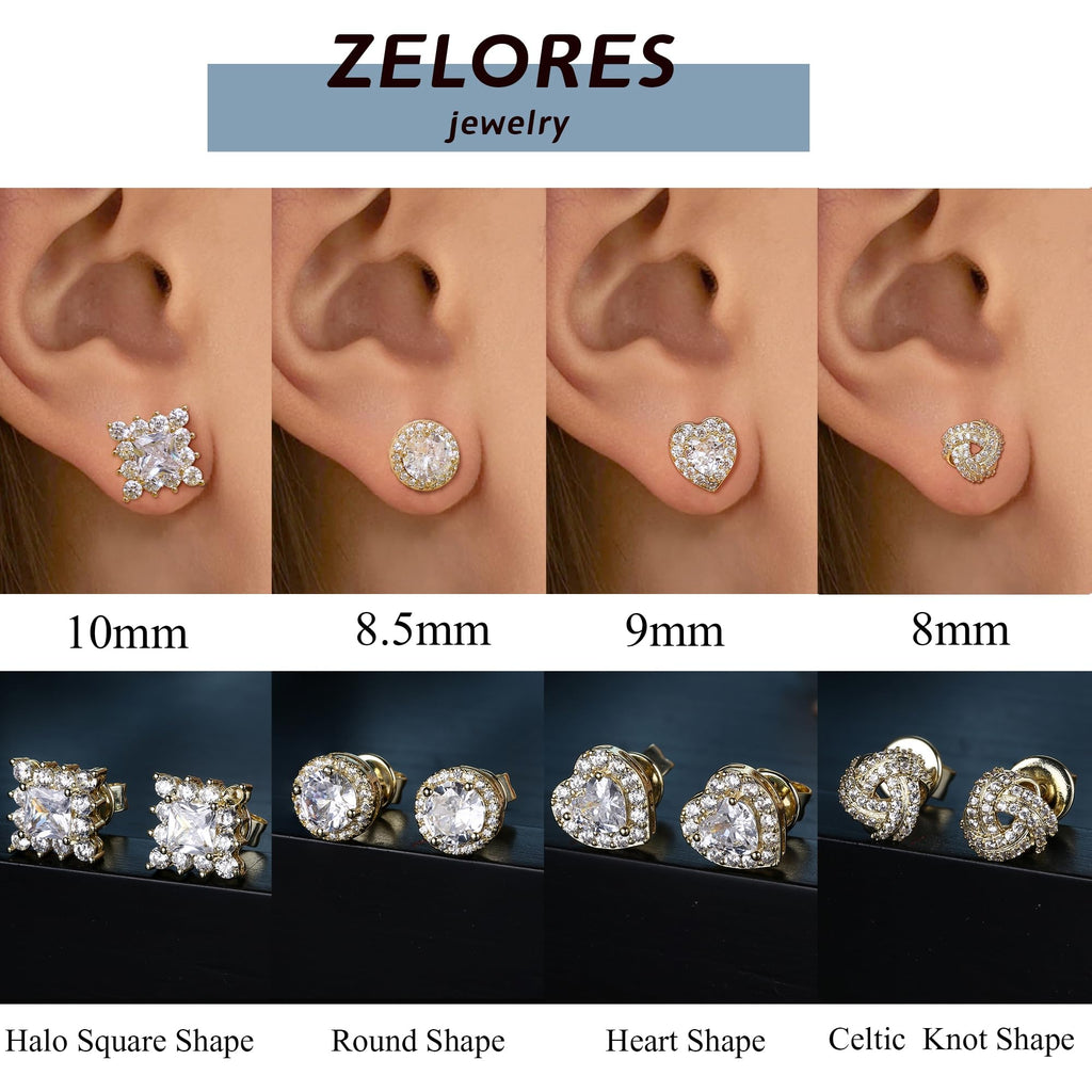 ZELORES 4 Pairs Sterling Silver 5A CZ Stud Earrings for Women 14K Gold Plated Brilliant Celtic Heart Big Stud Earrings Set Cubic Zirconia Earrings Studs for Sensitive Ear