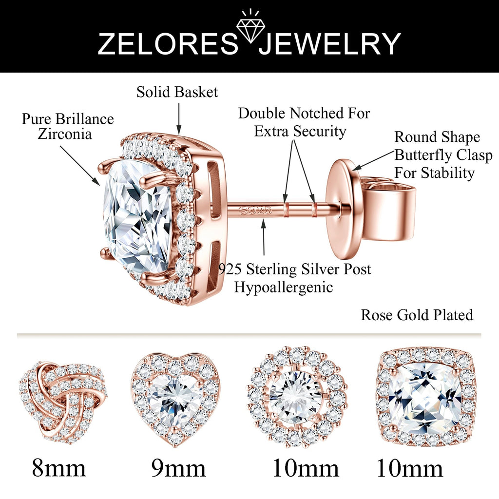 ZELORES 4 Pairs Sterling Silver 5A CZ Stud Earrings for Women 14K Gold Plated Brilliant Celtic Heart Big Stud Earrings Set Cubic Zirconia Earrings Studs for Sensitive Ear