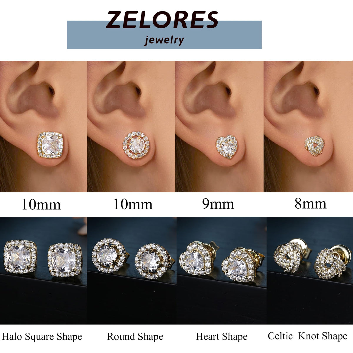 ZELORES 4 Pairs Sterling Silver 5A CZ Stud Earrings for Women 14K Gold Plated Brilliant Celtic Heart Big Stud Earrings Set Cubic Zirconia Earrings Studs for Sensitive Ear