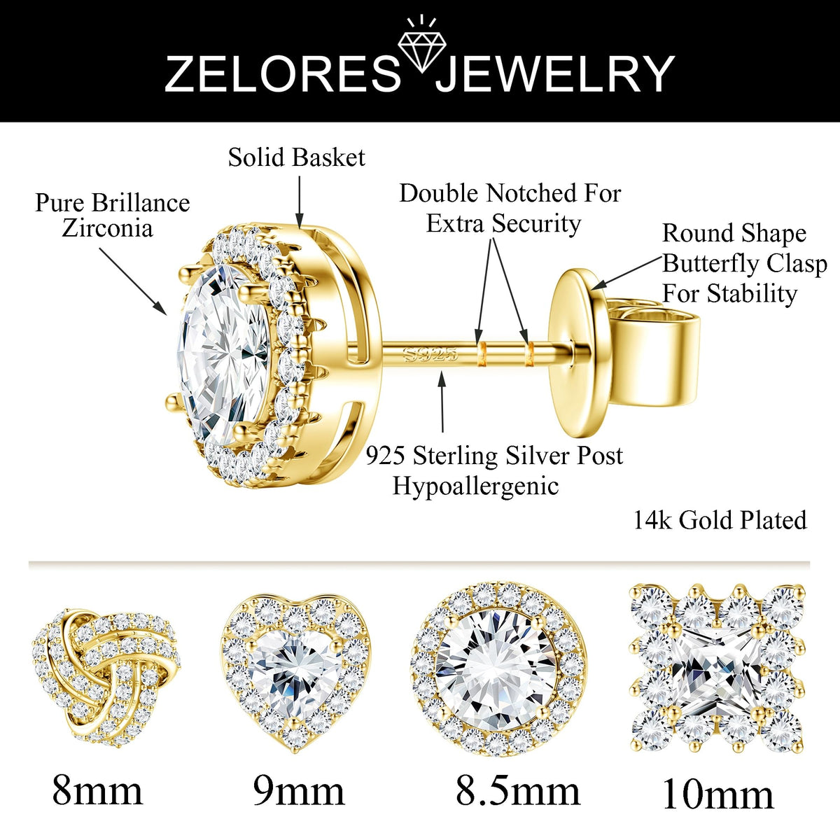 ZELORES 4 Pairs Sterling Silver 5A CZ Stud Earrings for Women 14K Gold Plated Brilliant Celtic Heart Big Stud Earrings Set Cubic Zirconia Earrings Studs for Sensitive Ear