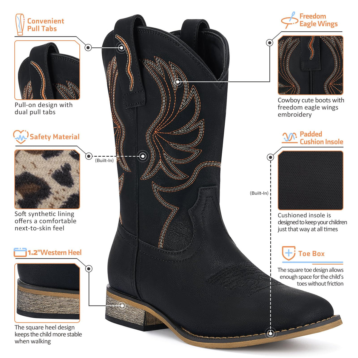Rollda Kids Cowboy Boots for Boys Girls Western Square Toe Cowgirl Boots with Walking Heel (Toddler/Little Kid/Big Kid), Pull-on TabsRollda Kids Cowboy Boots for Boys Girls Western Square Toe Cowgirl Boots with Wa…