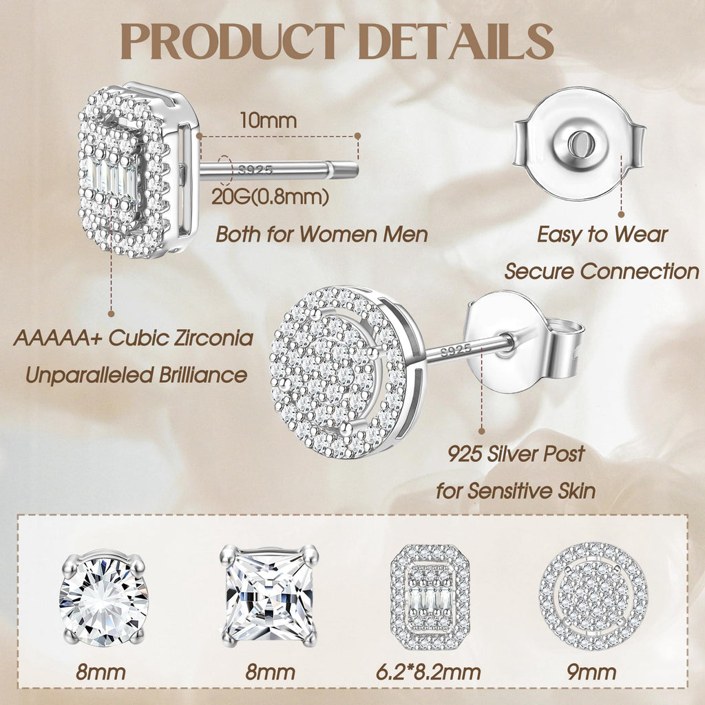 ZELORES 4 Pairs Sterling Silver 5A CZ Stud Earrings for Women 14K Gold Plated Brilliant Celtic Heart Big Stud Earrings Set Cubic Zirconia Earrings Studs for Sensitive Ear