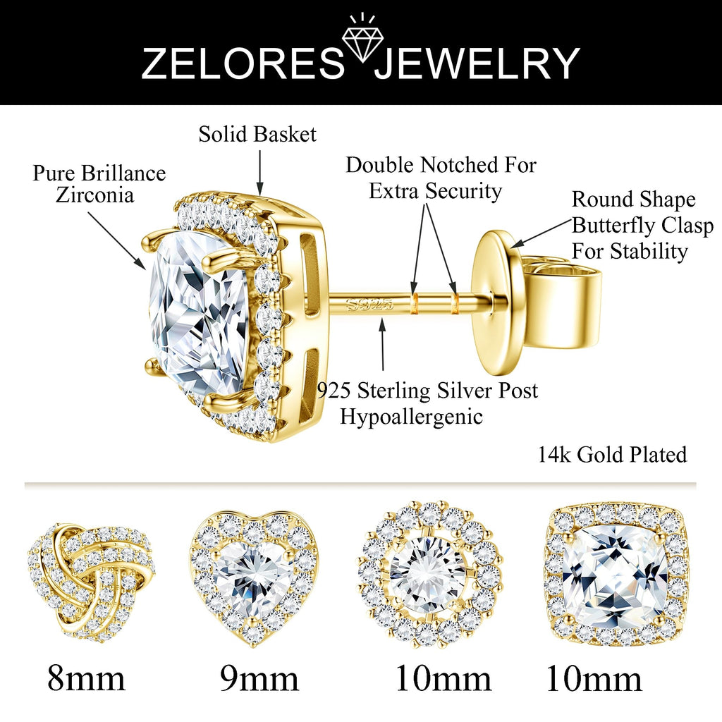 ZELORES 4 Pairs Sterling Silver 5A CZ Stud Earrings for Women 14K Gold Plated Brilliant Celtic Heart Big Stud Earrings Set Cubic Zirconia Earrings Studs for Sensitive Ear