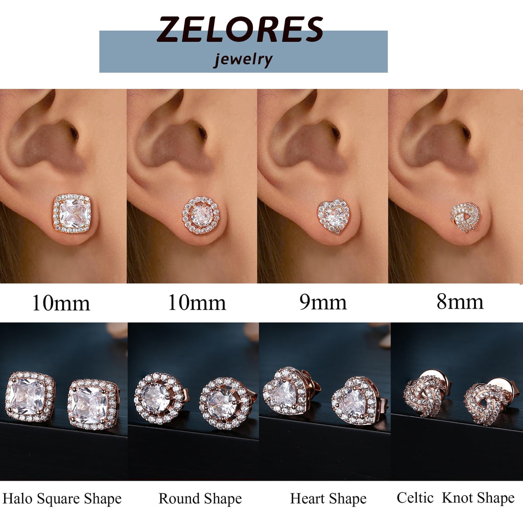 ZELORES 4 Pairs Sterling Silver 5A CZ Stud Earrings for Women 14K Gold Plated Brilliant Celtic Heart Big Stud Earrings Set Cubic Zirconia Earrings Studs for Sensitive Ear