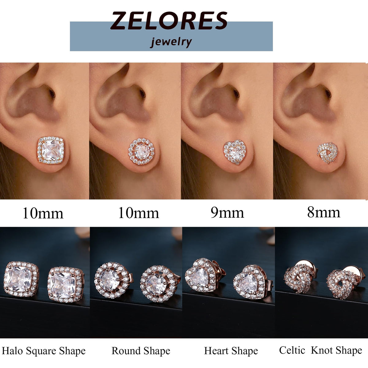 ZELORES 4 Pairs Sterling Silver 5A CZ Stud Earrings for Women 14K Gold Plated Brilliant Celtic Heart Big Stud Earrings Set Cubic Zirconia Earrings Studs for Sensitive Ear