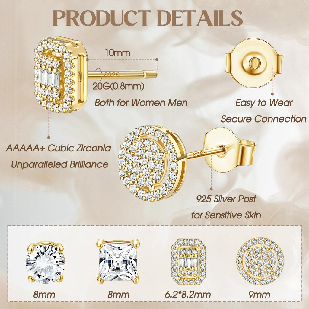 ZELORES 4 Pairs Sterling Silver 5A CZ Stud Earrings for Women 14K Gold Plated Brilliant Celtic Heart Big Stud Earrings Set Cubic Zirconia Earrings Studs for Sensitive Ear