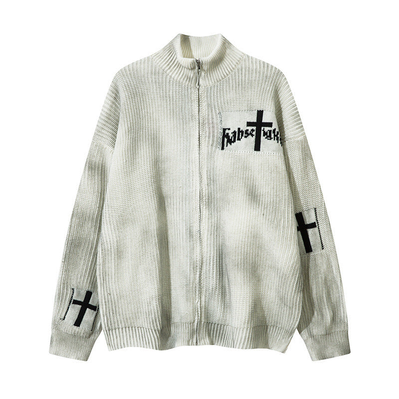 Tie dye used dirty stand up collar cardigan sweater