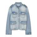 Button up stand collar denim jacket for women