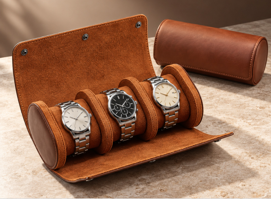 Leather 3-Watch Storage Box with Stitched Detail, Mechanical Watch OrganizerJewelry Display Case