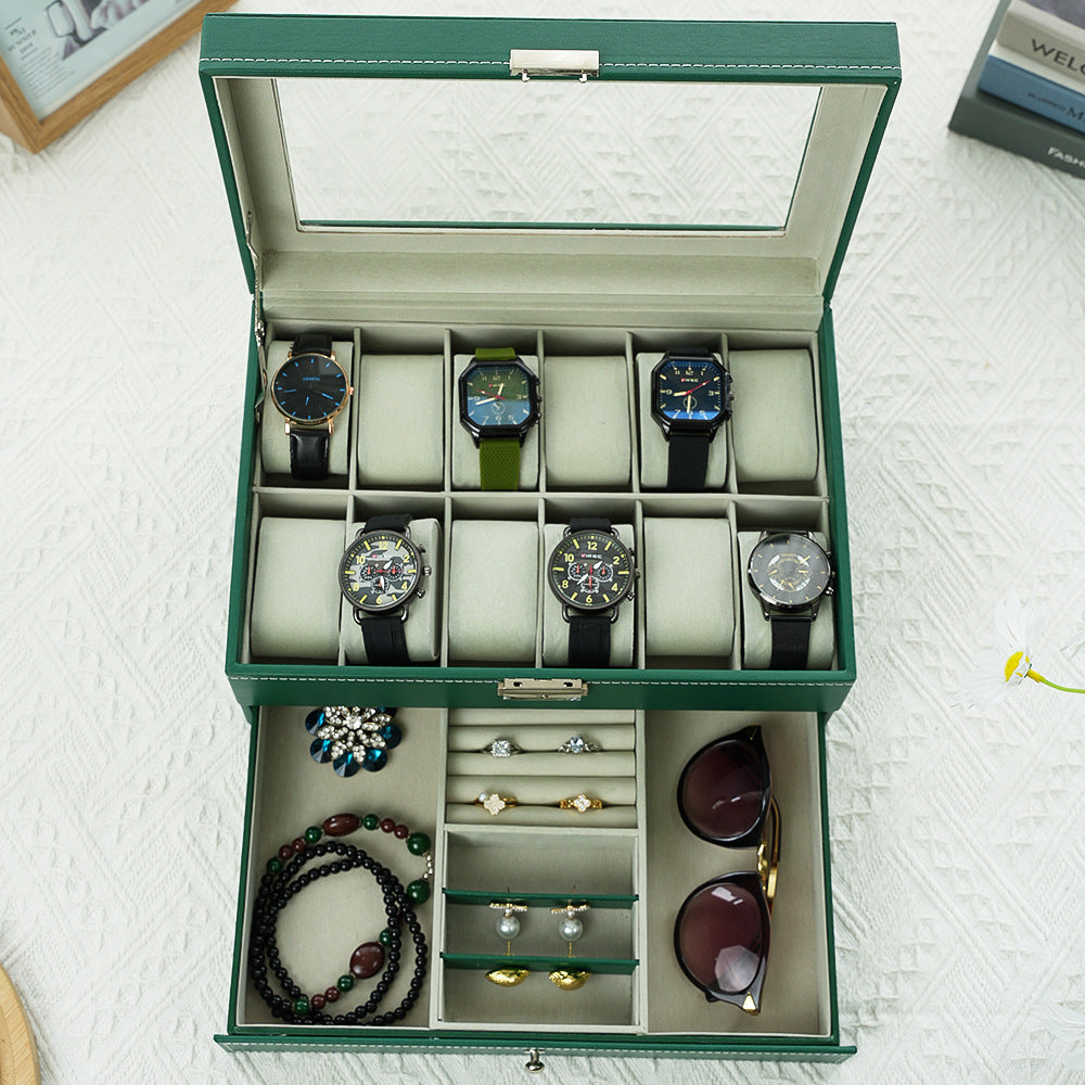 Double layered watch box with open windows transparent large capacity display jewelry storage box